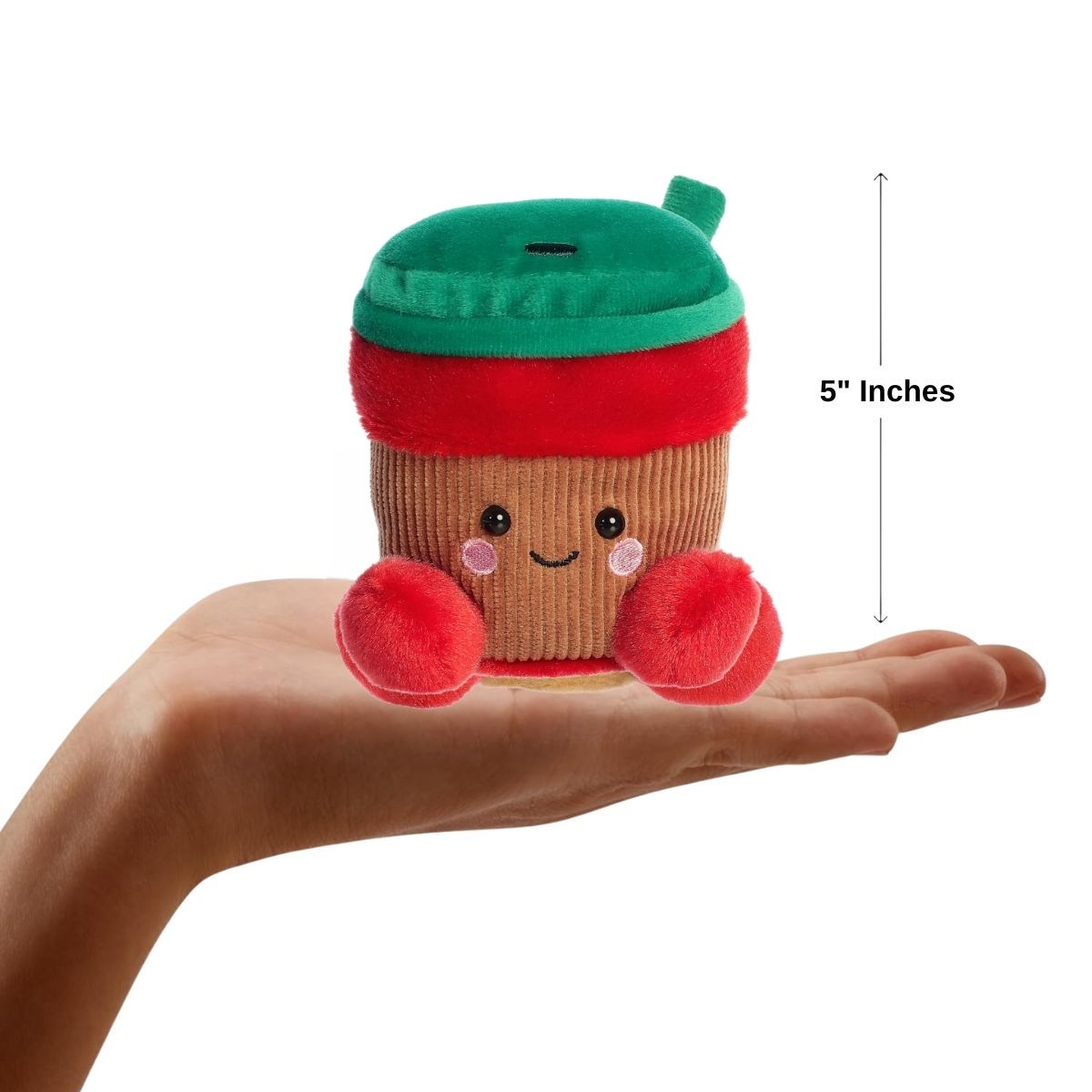 The miniature Jo Peppermint Mocha plush sitting inside an open human hand displaying a 5-inch height indicator graphic.