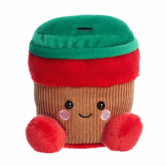 Plush toy resembling a coffee cup with a green lid and red accents on a white background