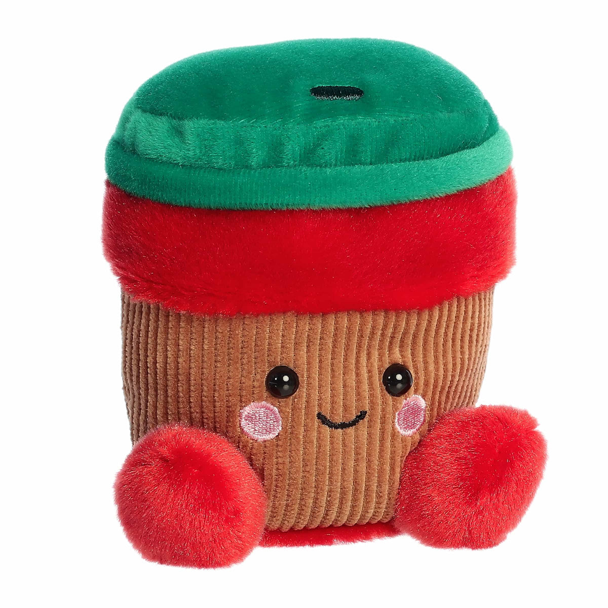 Plush toy resembling a coffee cup with a green lid and red accents on a white background