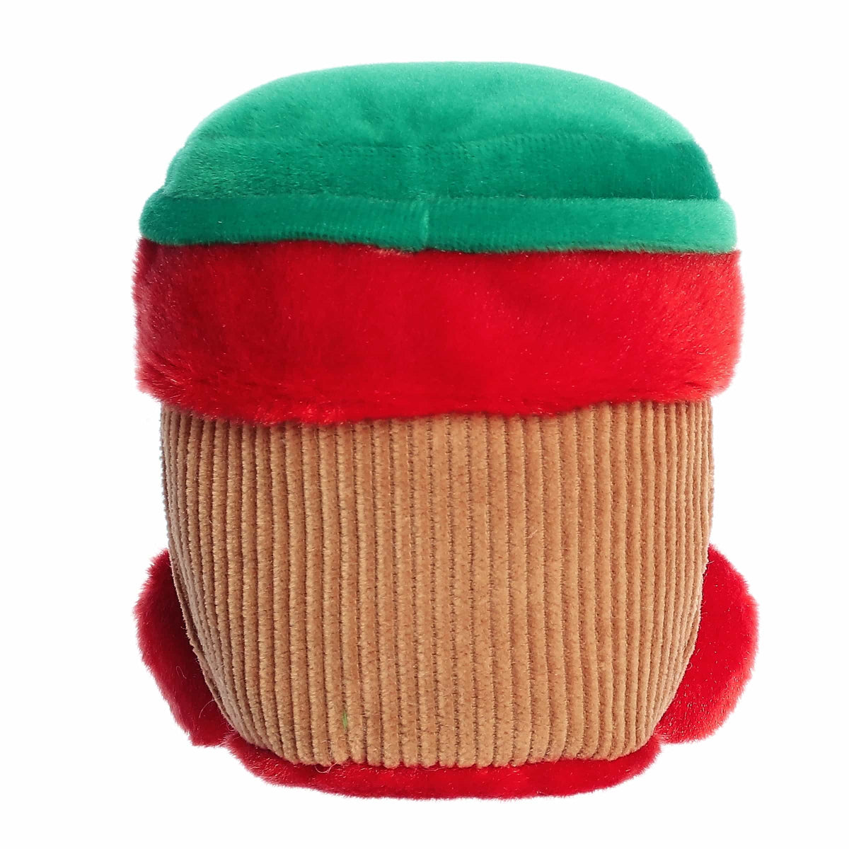 Plush toy shaped like a acorn with green top, red middle, and brown bottom on a white background