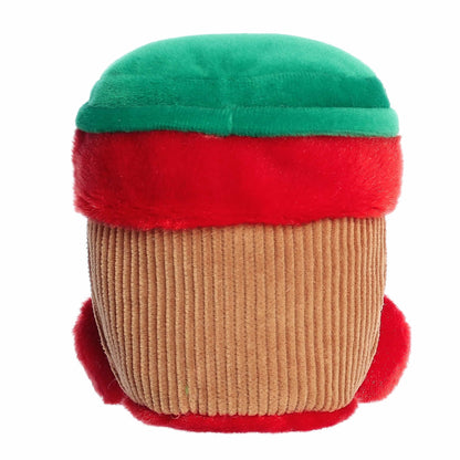 Plush toy shaped like a acorn with green top, red middle, and brown bottom on a white background