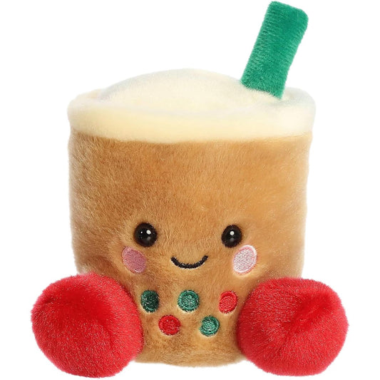 A direct front portrait view of the mini Chewy Festive Boba plush showing its happy smile, pink cheeks, and red and green boba pearls.