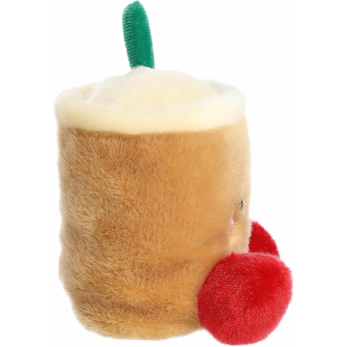 The right side profile view of the sitting Aurora Palm Pals boba tea plush highlighting its cylindrical cup shape.
