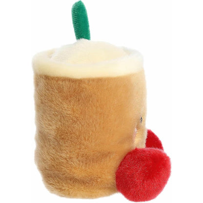 The right side profile view of the sitting Aurora Palm Pals boba tea plush highlighting its cylindrical cup shape.