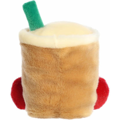 The rear view of the brown Aurora boba cup stuffed toy displaying its clean plush back and green straw.
