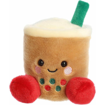 Aurora Palm Pals Chewy 5-inch Festive Boba plush stuffed toy sitting forward with brown fur, a green straw, and red feet.