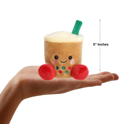 The miniature Chewy Festive Boba plush sitting inside an open human hand displaying a 5-inch height indicator graphic.