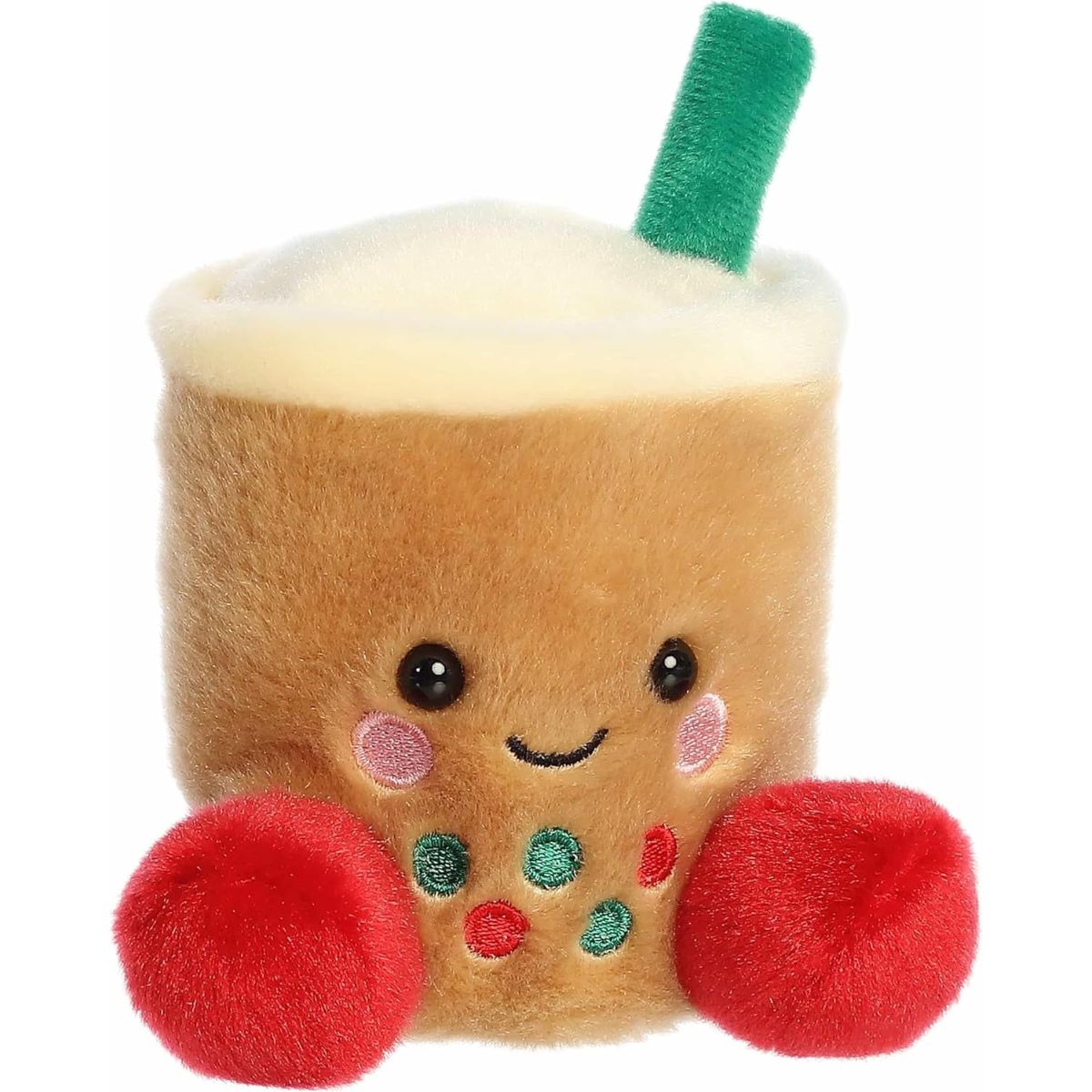 Aurora Palm Pals Chewy 5-inch Festive Boba plush stuffed toy sitting forward with brown fur, a green straw, and red feet.