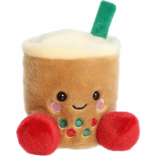 Aurora Palm Pals Chewy 5-inch Festive Boba plush stuffed toy sitting forward with brown fur, a green straw, and red feet.