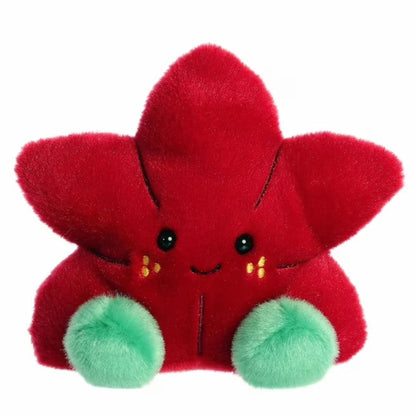 A direct front close-up view of the mini Carmine Poinsettia plush showing its sweet stitched smile and yellow stamen details.