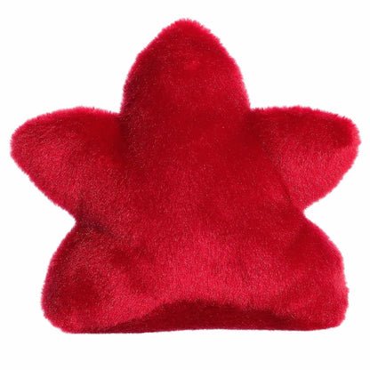 The rear view of the red Aurora poinsettia stuffed toy displaying its clean star-petal back profile.