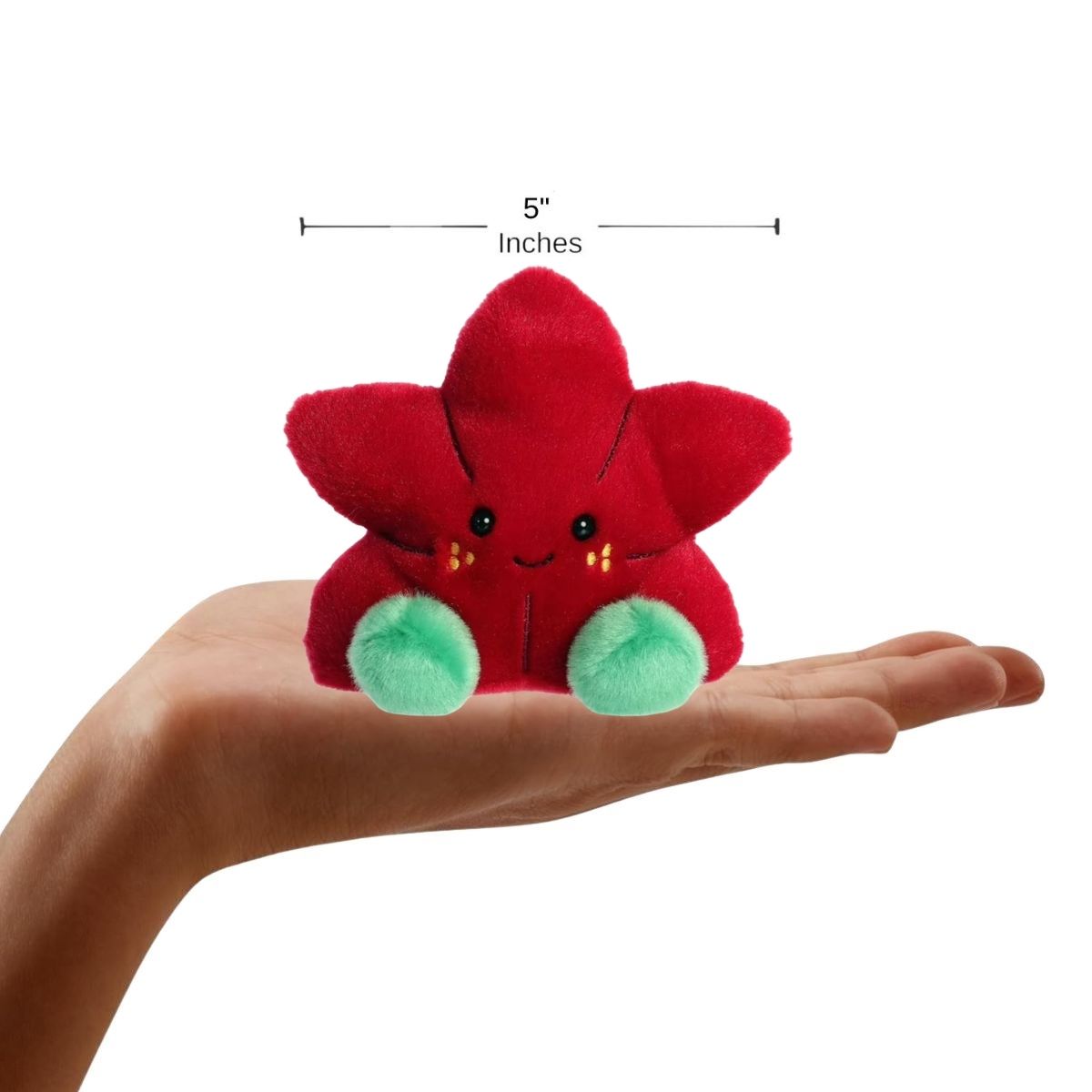 The miniature Carmine Poinsettia plush sitting inside an open human hand displaying a 5-inch width indicator graphic.