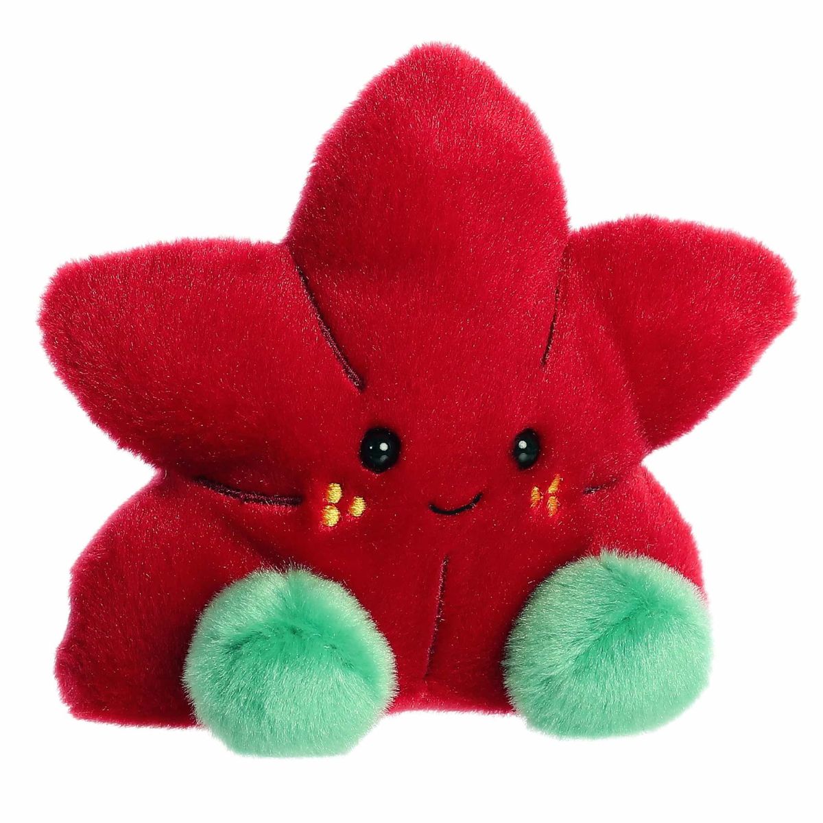 Aurora Palm Pals Carmine 5-inch Poinsettia plush stuffed toy sitting forward with a red star-shaped body and green leaf feet.