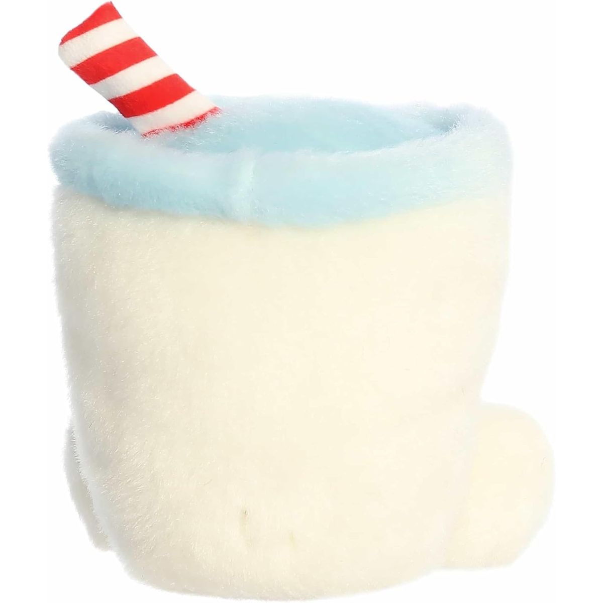 The rear view of the cream Aurora milk cup stuffed toy displaying its clean plush back and tilted candy cane straw.