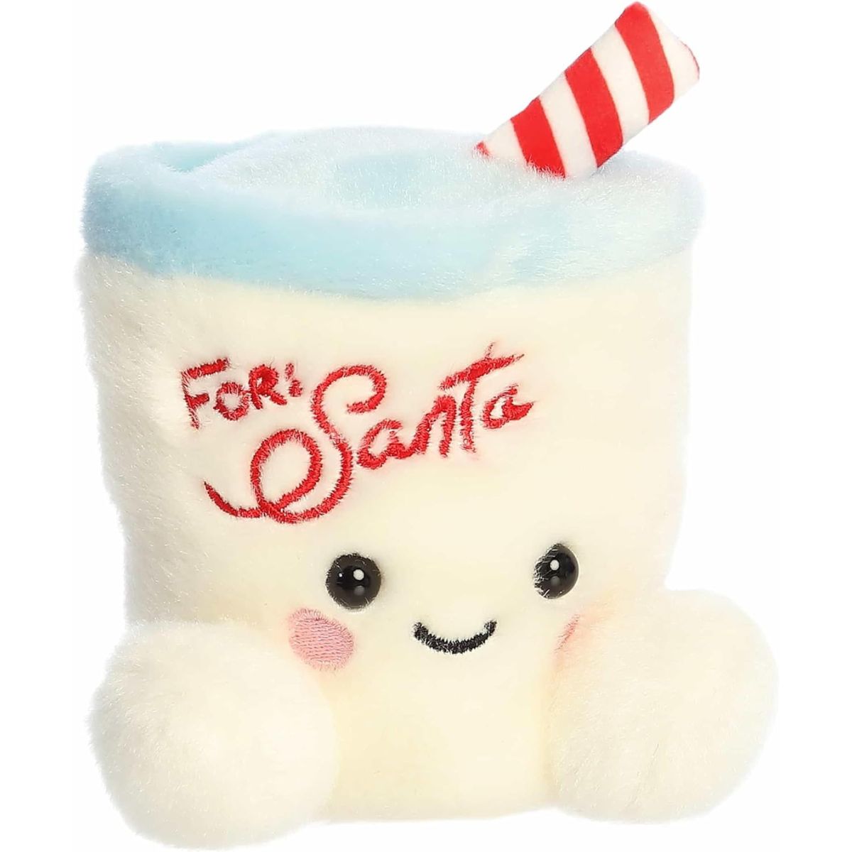 Aurora Palm Pals Kris 5-inch Milk plush stuffed toy sitting forward with cream fur, a blue rim, a striped straw, and For Santa embroidery.