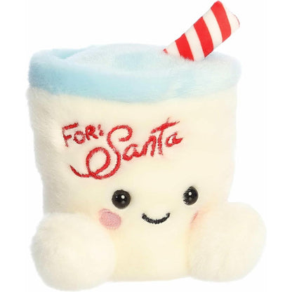 Aurora Palm Pals Kris 5-inch Milk plush stuffed toy sitting forward with cream fur, a blue rim, a striped straw, and For Santa embroidery.