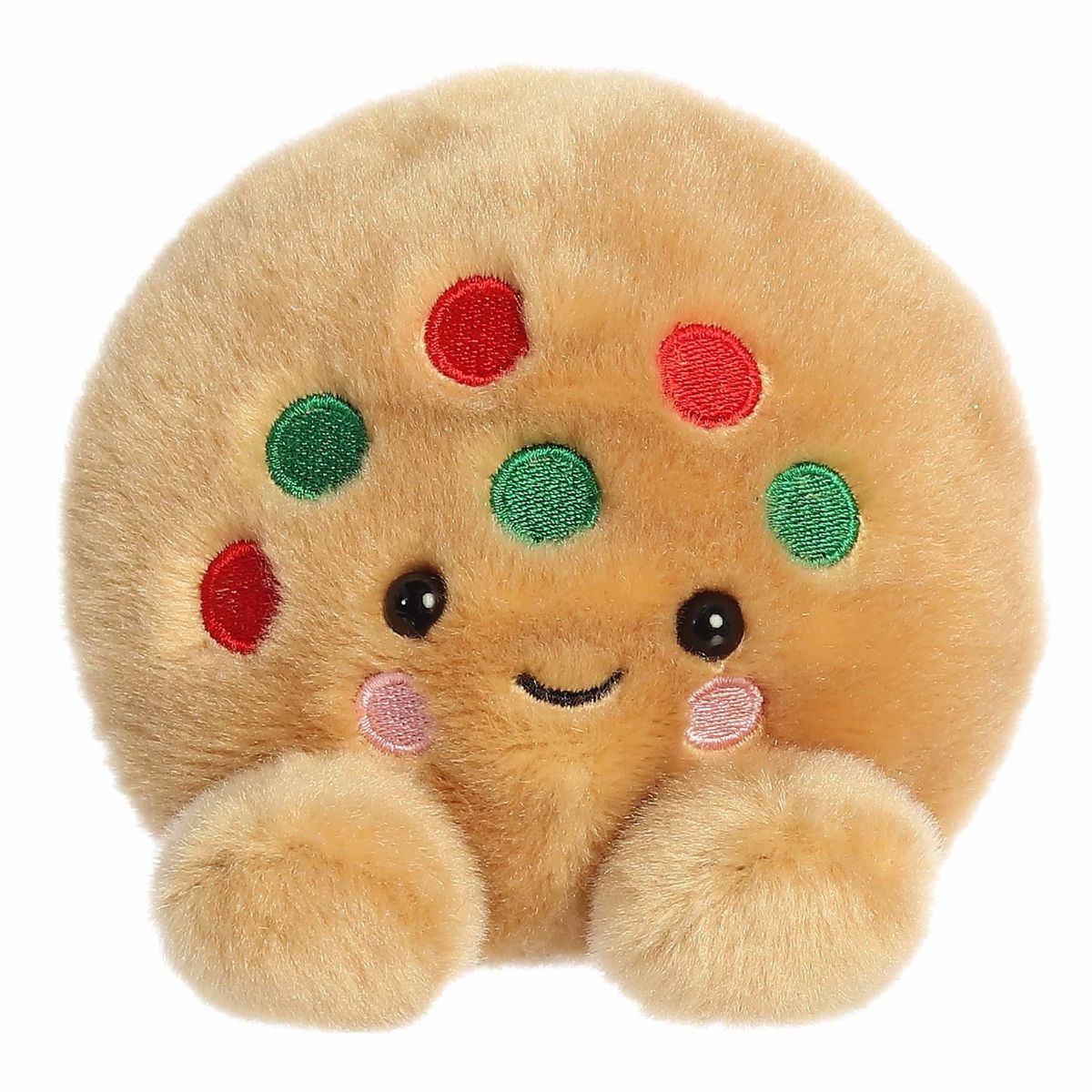 A direct front portrait view of the mini Kringle Cookie plush showing its happy embroidered smile and rosy pink cheeks.