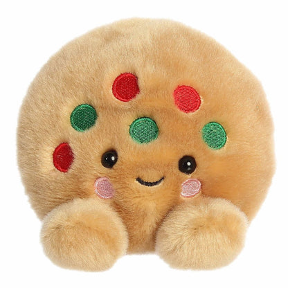 A direct front portrait view of the mini Kringle Cookie plush showing its happy embroidered smile and rosy pink cheeks.