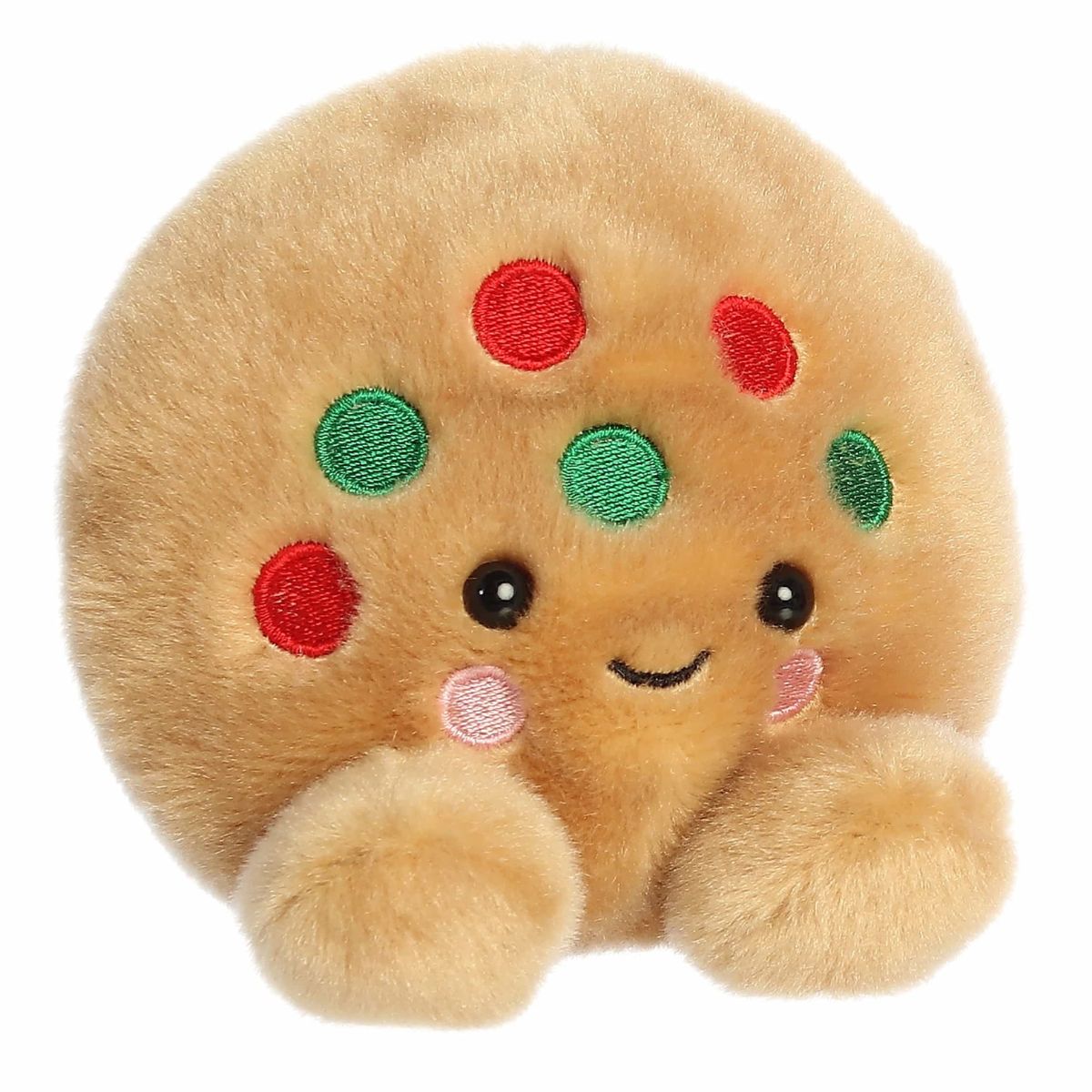 Aurora Palm Pals Kringle 5-inch Cookie plush stuffed toy sitting forward with golden-brown fur and red and green candy spots.