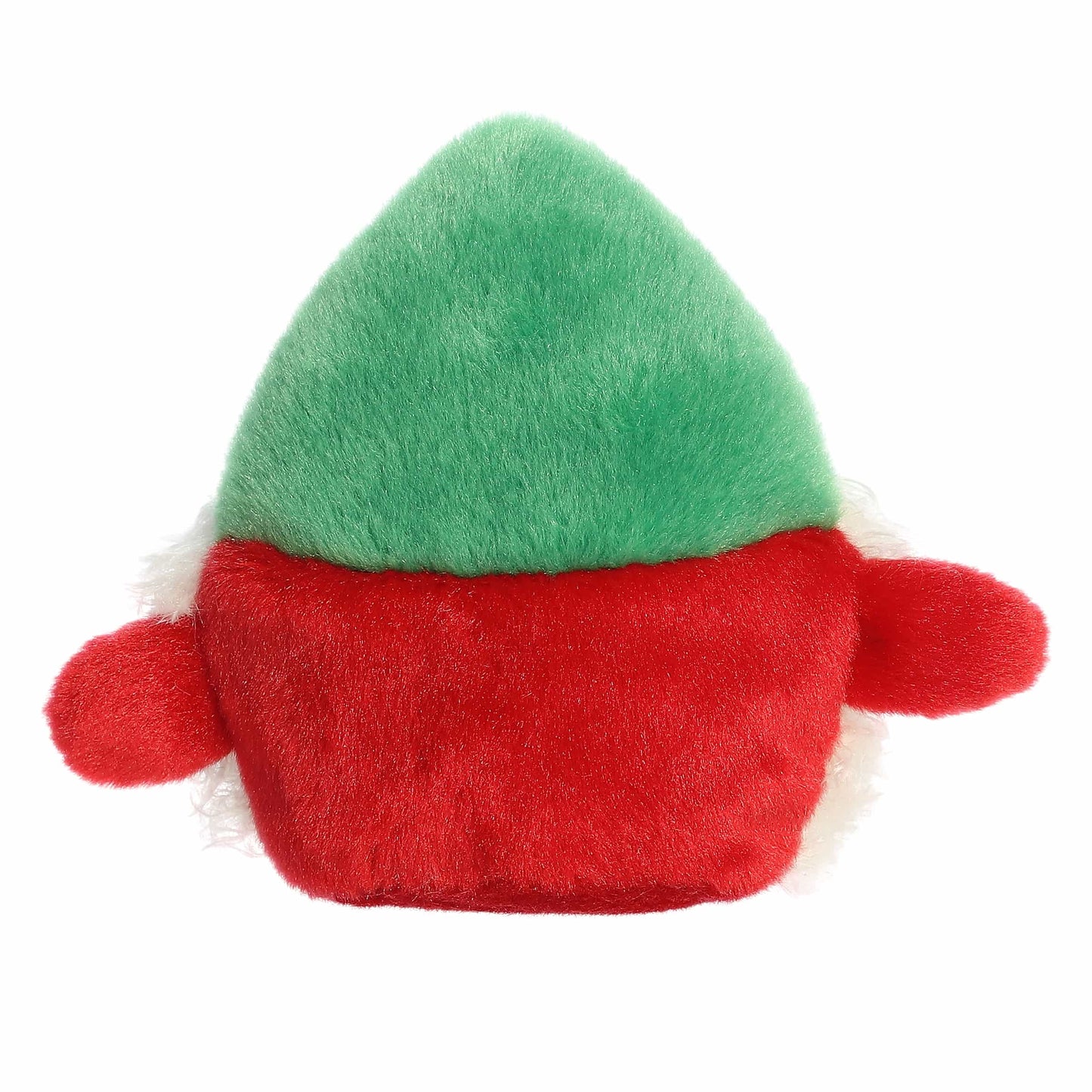 The rear view of the red and green Aurora gnome stuffed toy displaying its solid red back and pointed green cap.