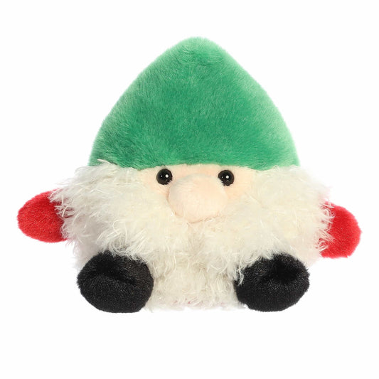 Plush gnome toy with green hat, white beard, black shoes, and red ears on a white background