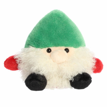 Plush gnome toy with green hat, white beard, red ears, and black shoes on a white background