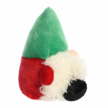Plush gnome toy with green hat, red body, and white beard on a white background