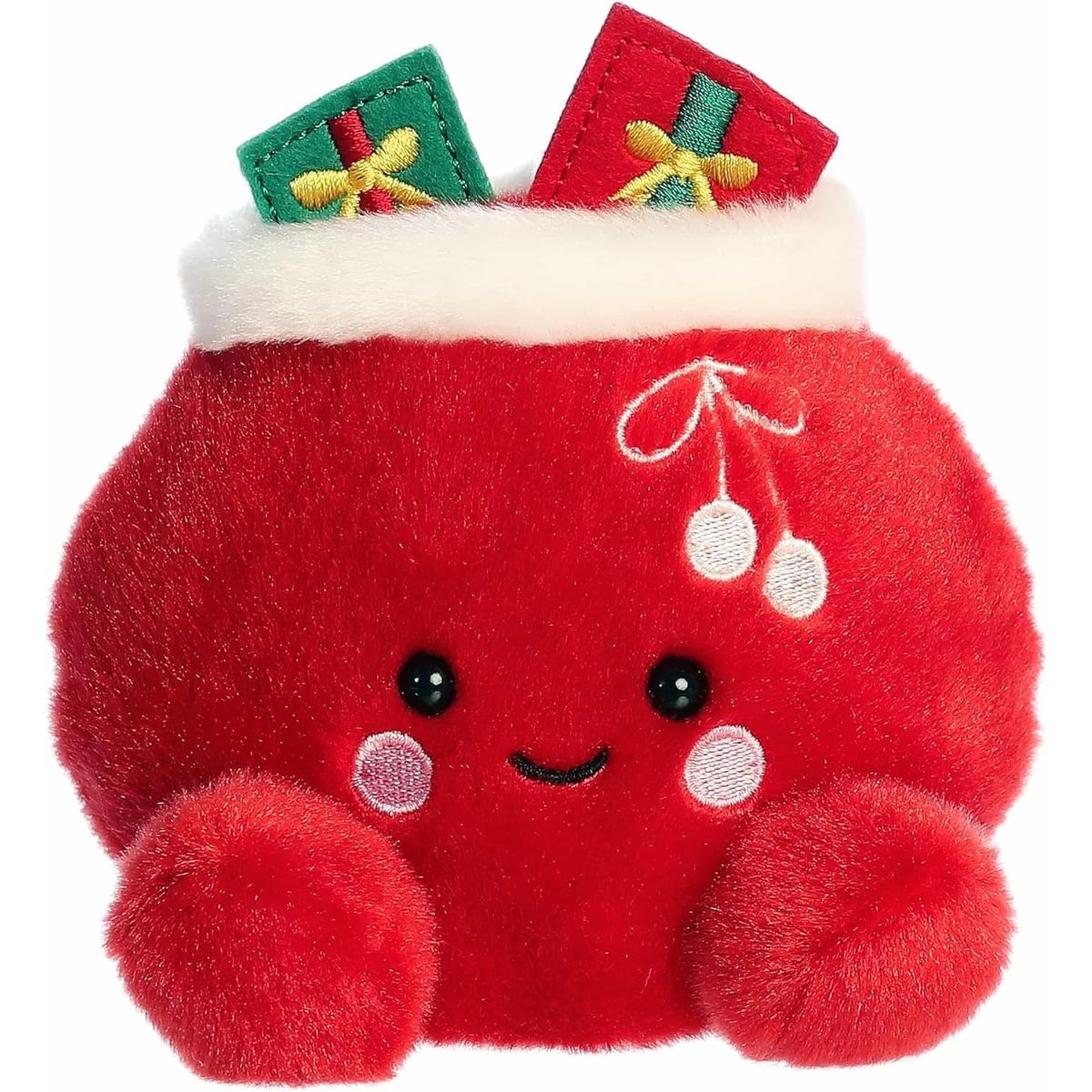 A direct front close-up shot of the mini Velvet Santa Bag plush showing its friendly smile, blushing cheeks, and embroidered drawstring bow.