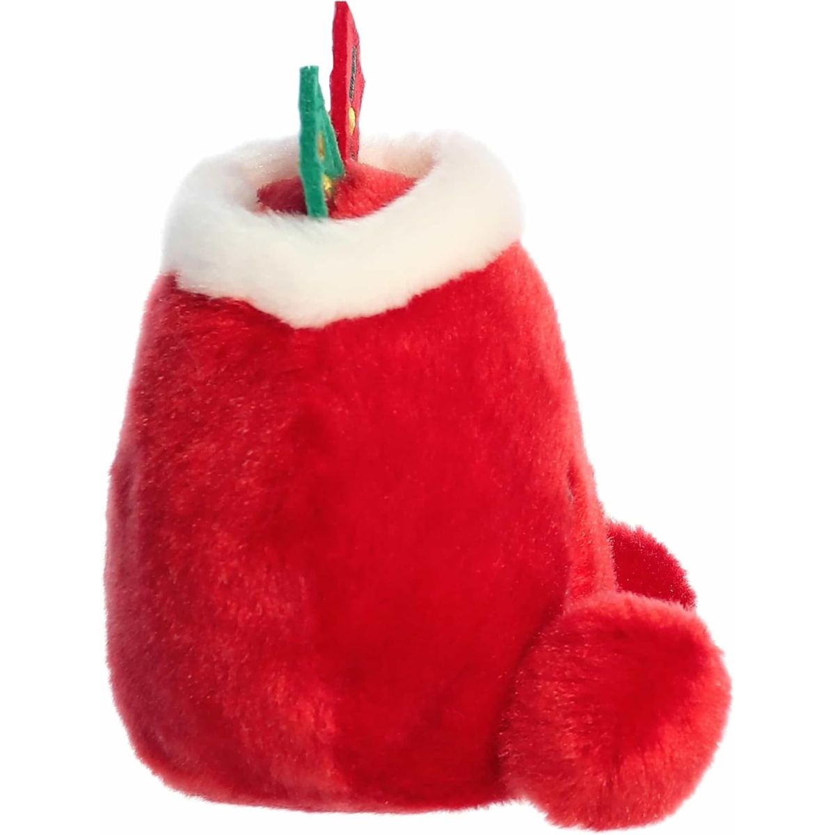 The right side profile view of the sitting Aurora Palm Pals Christmas sack plush highlighting its plump rounded shape.