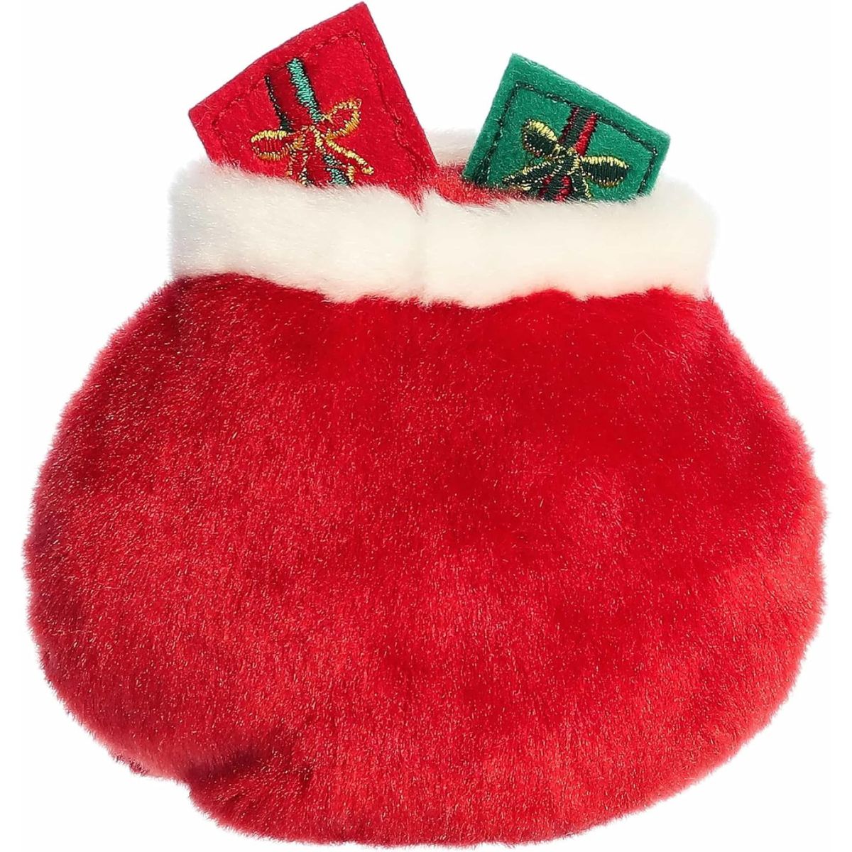 The rear view of the red Aurora Santa Bag stuffed toy displaying its solid plush velvet back and white fur trim.