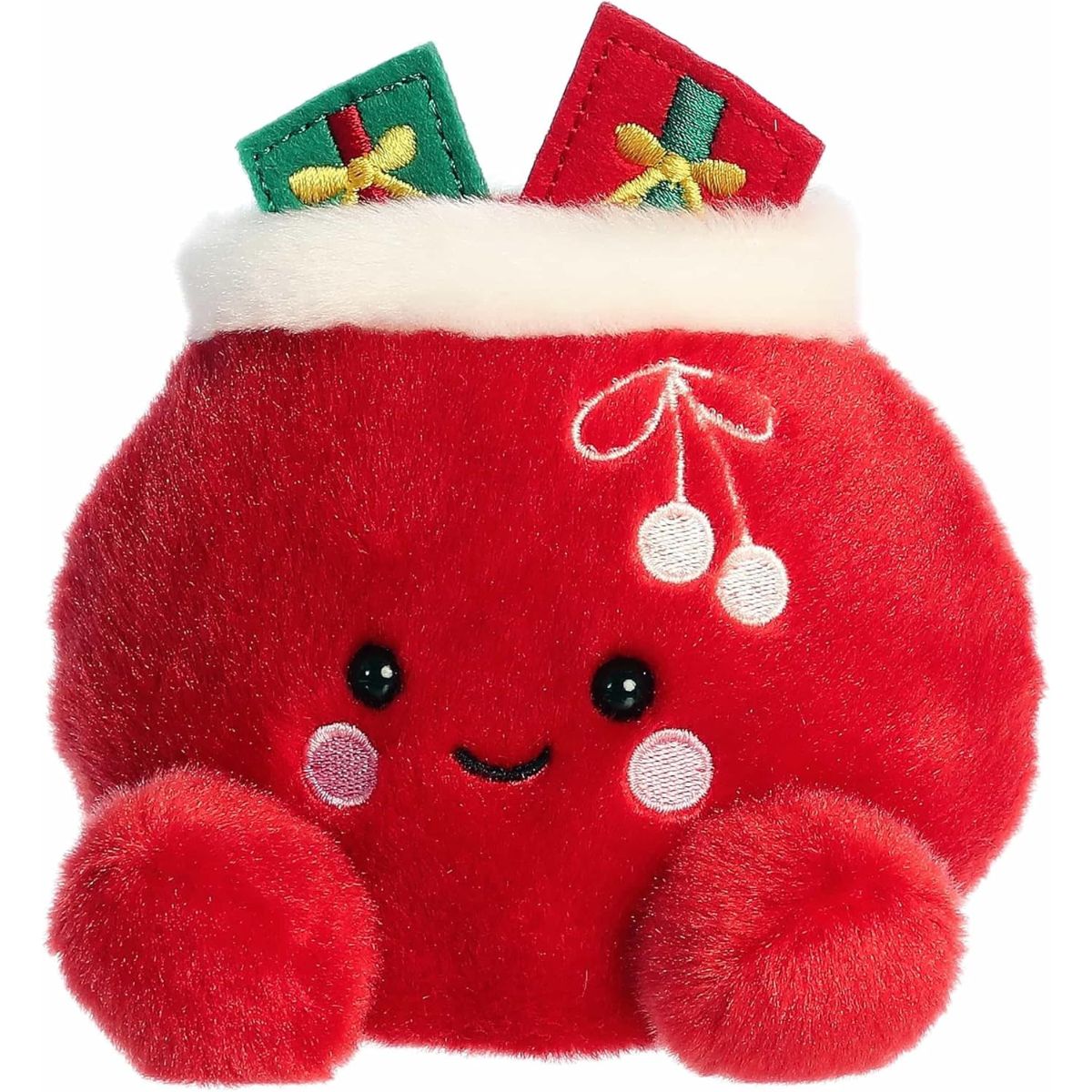 Aurora Palm Pals Velvet 5-inch Santa Bag plush stuffed toy sitting forward in bright crimson red with white fur trim and gifts peeking out.