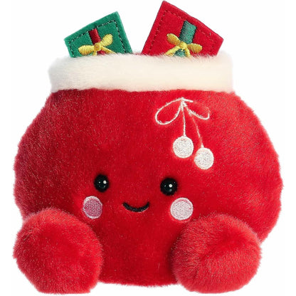 Aurora Palm Pals Velvet 5-inch Santa Bag plush stuffed toy sitting forward in bright crimson red with white fur trim and gifts peeking out.