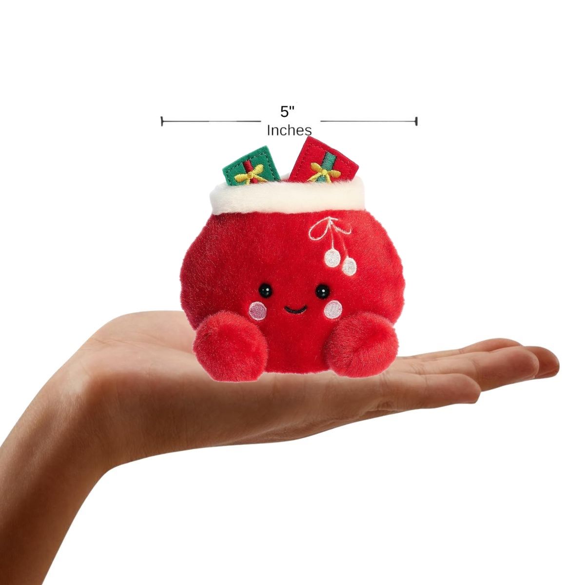 The miniature Velvet Santa Bag plush sitting inside an open human hand displaying a 5-inch width indicator graphic.
