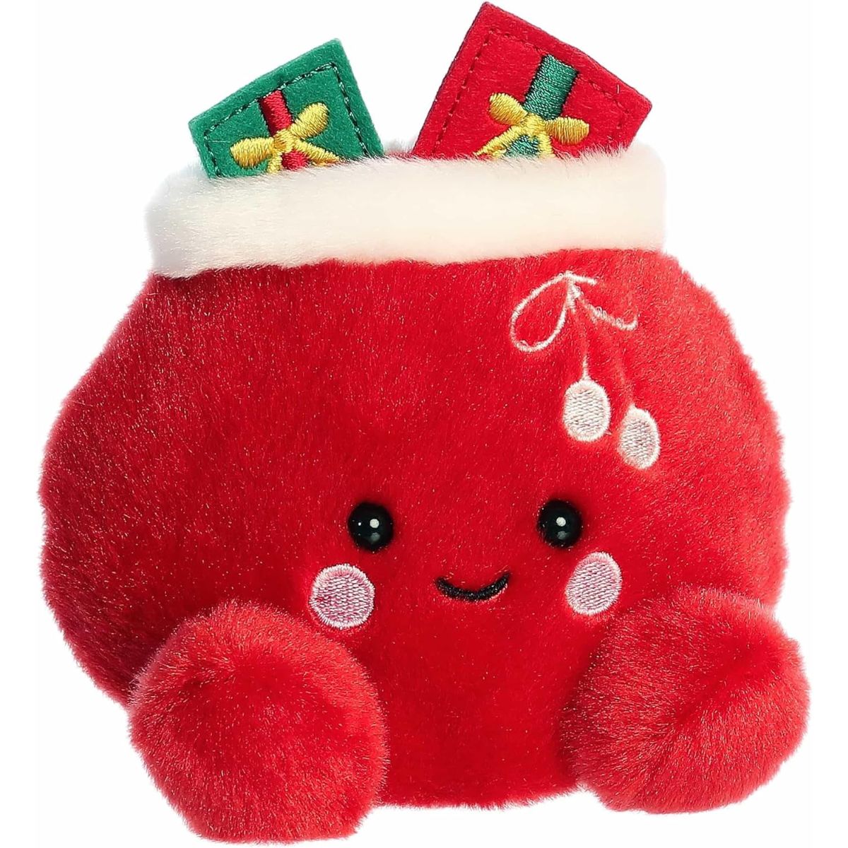 Aurora Palm Pals Velvet 5-inch Santa Bag plush stuffed toy sitting forward in bright crimson red with white fur trim and gifts peeking out.
