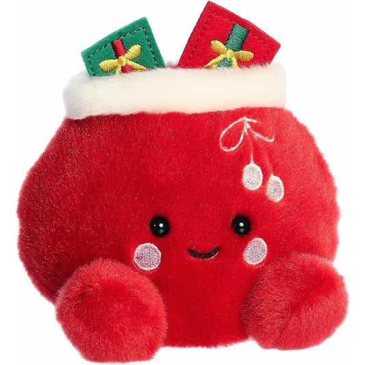 Aurora Palm Pals Velvet 5-inch Santa Bag plush stuffed toy sitting forward in bright crimson red with white fur trim and gifts peeking out.