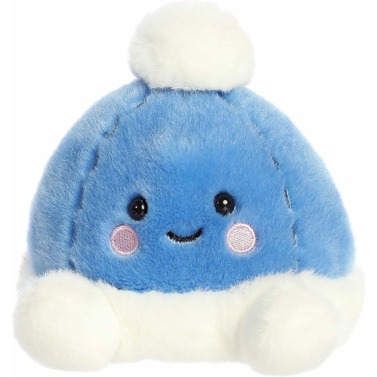 A direct front portrait view of the mini Vail Beanie plush showing its cute smile, rosy cheeks, and dark knit-stitch lines.