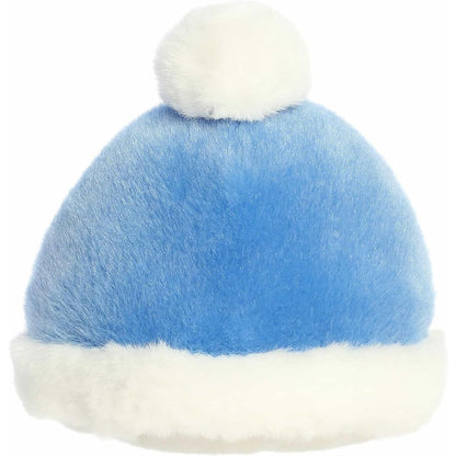 The rear view of the blue Aurora beanie stuffed toy displaying its rounded hat shape and soft white pom-pom.