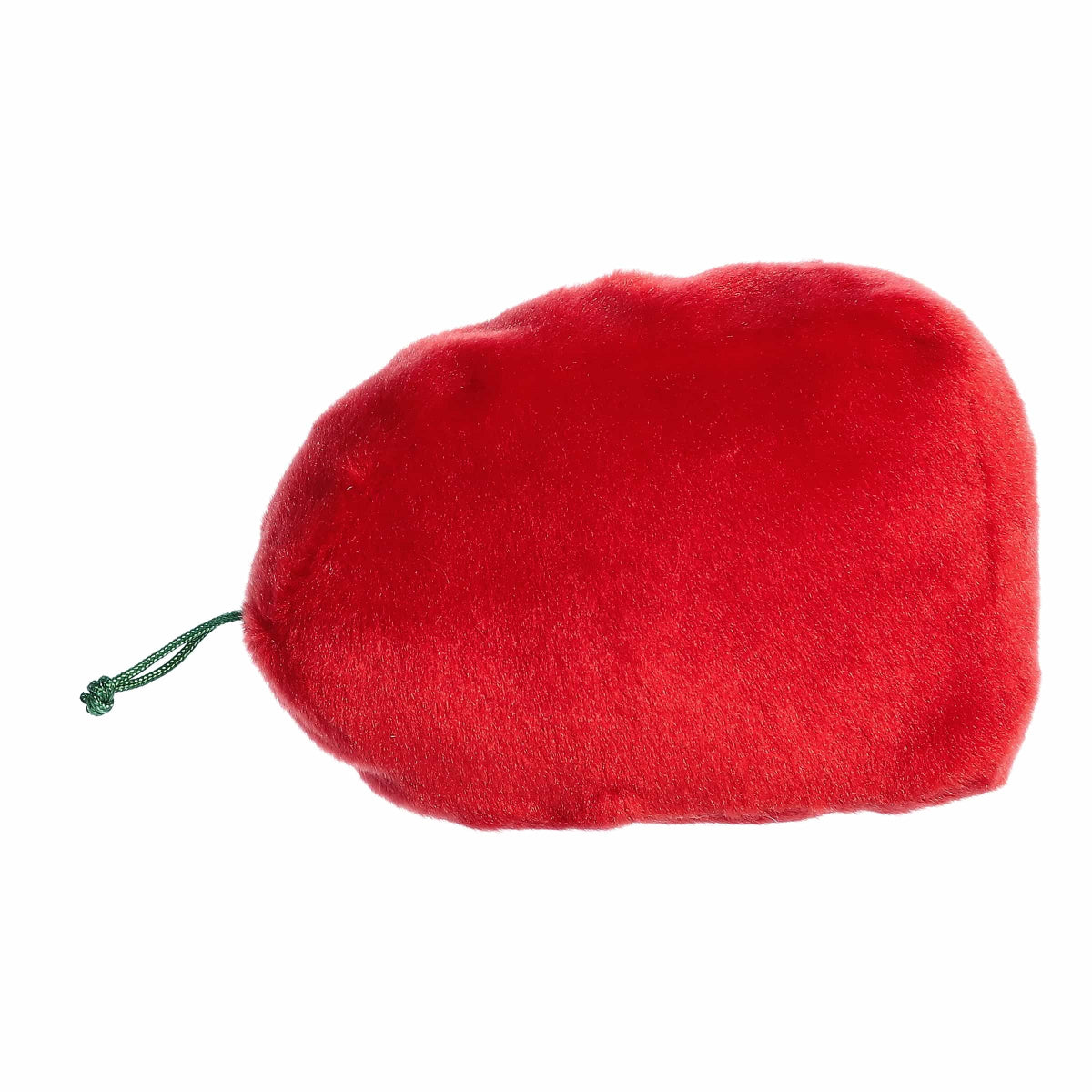 The rear view of the red Aurora holiday stuffed animal displaying its solid plush back and green string detail.