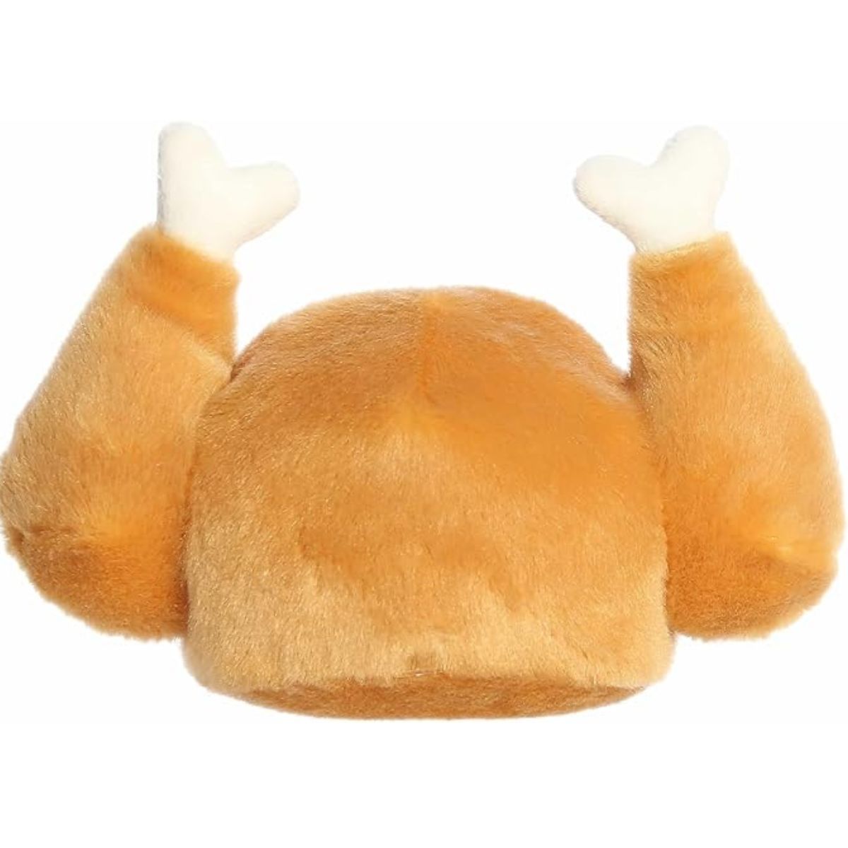The rear view of the golden-brown Aurora turkey stuffed animal displaying its plump shape and white bone accents.