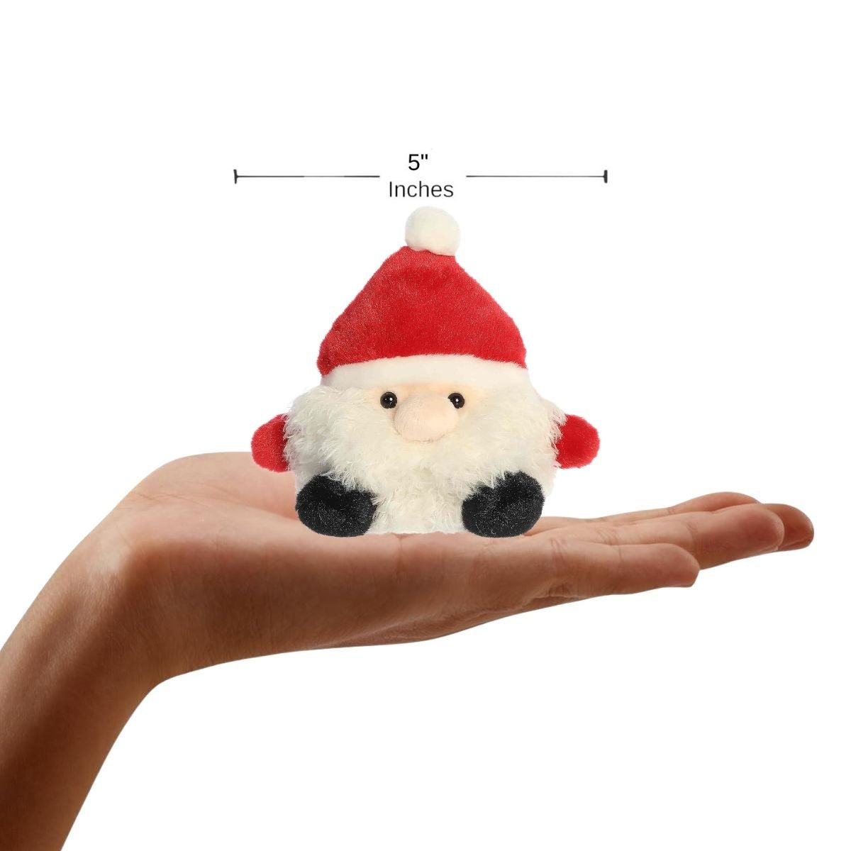 The miniature Jolly St. Nick plush sitting balanced in the palm of an open human hand under a 5-inch height graphic indicator.