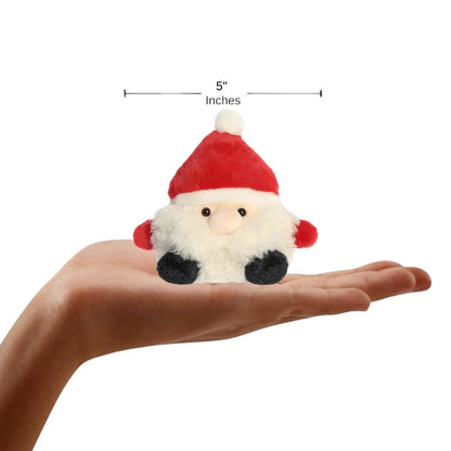 The miniature Jolly St. Nick plush sitting balanced in the palm of an open human hand under a 5-inch height graphic indicator.