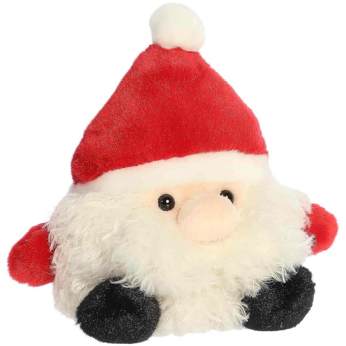 Aurora 5-inch Palm Pals Jolly St. Nick plush toy sitting forward wearing a festive red Santa hat and fluffy white beard.