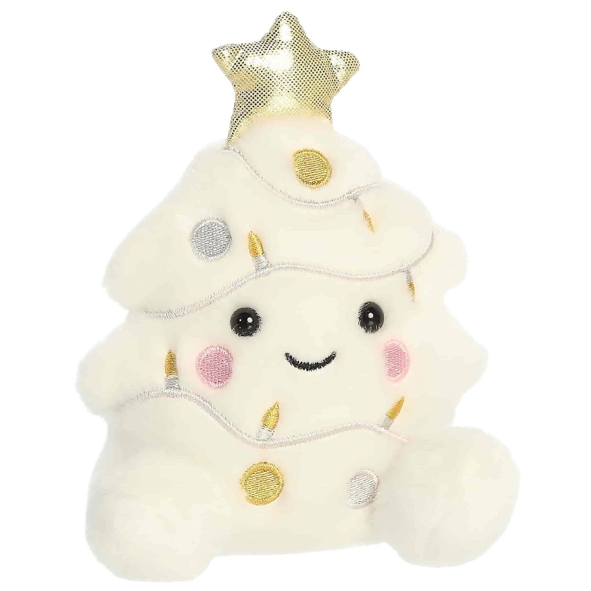 Aurora 5-inch Palm Pals Felicia Christmas Tree plush toy showing its unique cream-white tree shape, shiny gold star, and embroidered metallic lights.