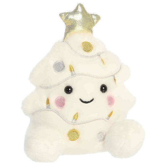 Aurora 5-inch Palm Pals Felicia Christmas Tree plush toy showing its unique cream-white tree shape, shiny gold star, and embroidered metallic lights.