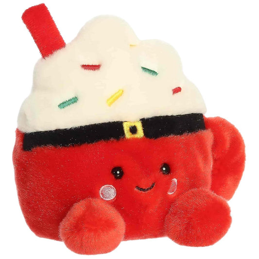 Aurora 5-inch Palm Pals Klaas Santa Cocoa plush toy sitting forward featuring a red mug base, whipped cream top, and red straw.