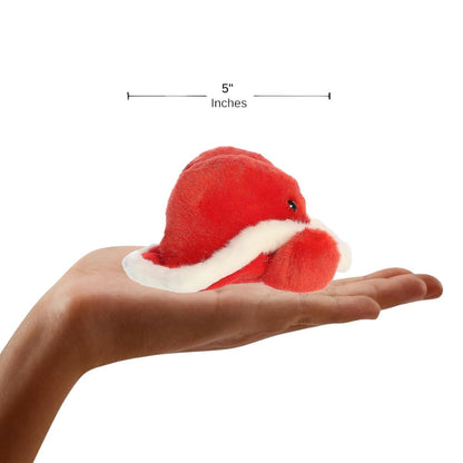 The miniature Santa Cowboy Hat plush sitting balanced in the palm of an open human hand under a 5-inch height graphic indicator.