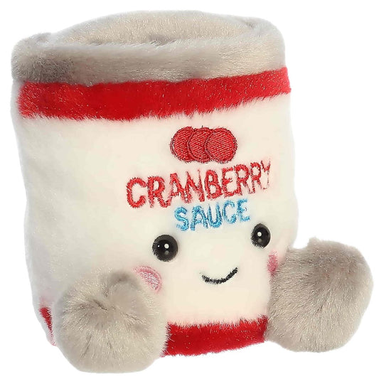 Aurora 5-inch Palm Pals Quinn Cranberry Sauce plush toy sitting forward featuring a white can design with red detailing and embroidered text.
