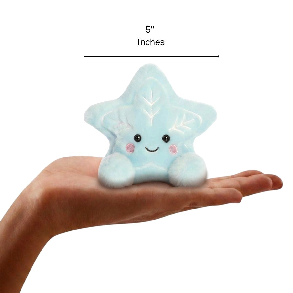 The miniature Lumi Snow Star plush sitting balanced in an open human hand under a 5-inch height graphic indicator.