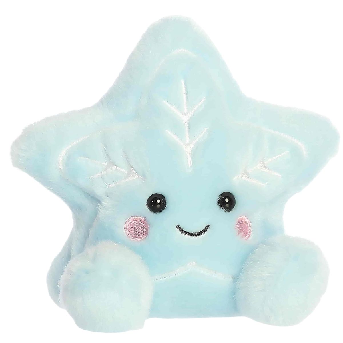 Aurora 5-inch Palm Pals Lumi Snow Star plush toy sitting forward showing its pale icy blue star shape, white embroidered snowflake details, and smiling face.