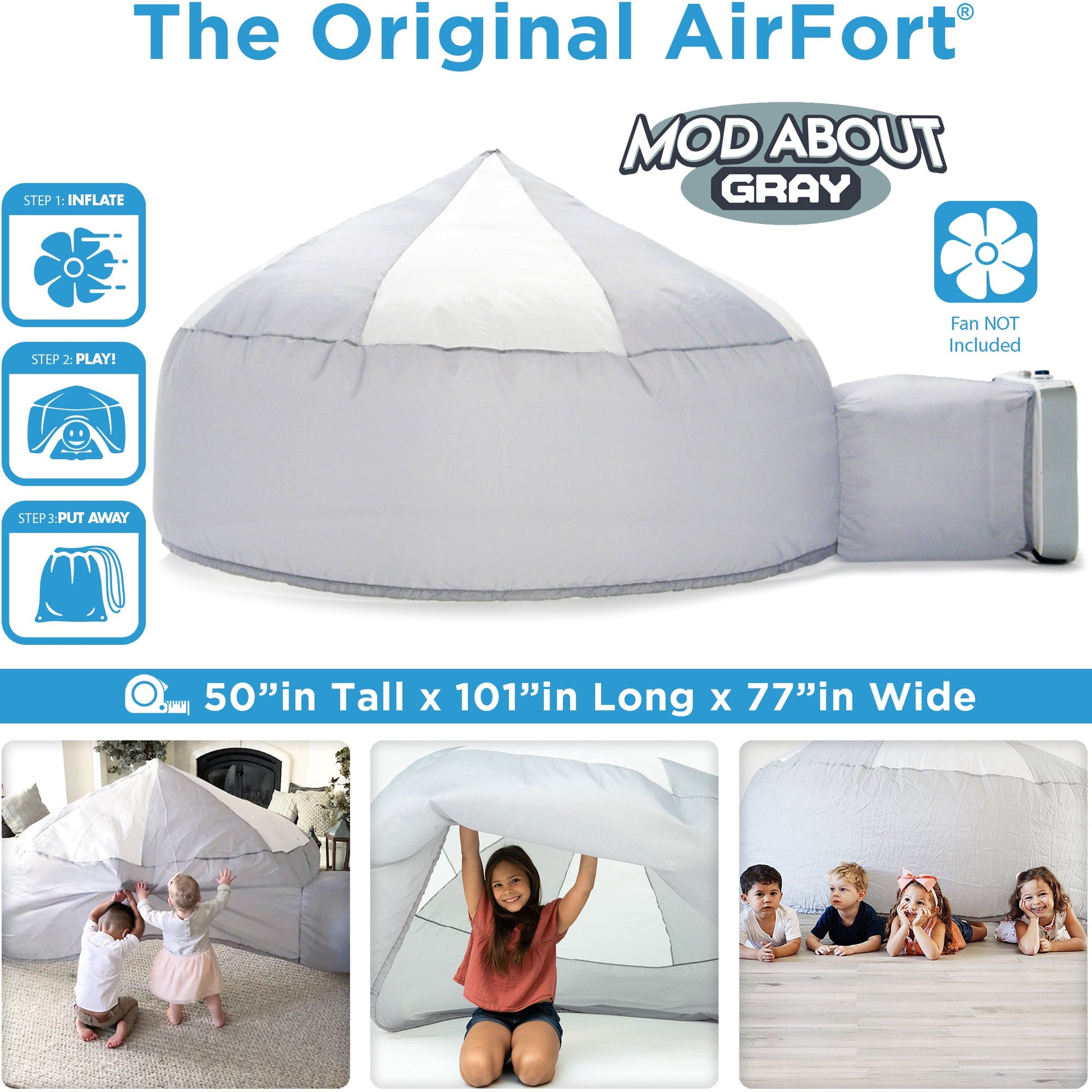 Information graphic showing the dimensions, features, and quick setup of the Mod About Gray play tent.